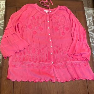 KARYN SEO BOHO EMBROIDERED Top. XL. Sheer. Scalloped edges.  Flowy. Red